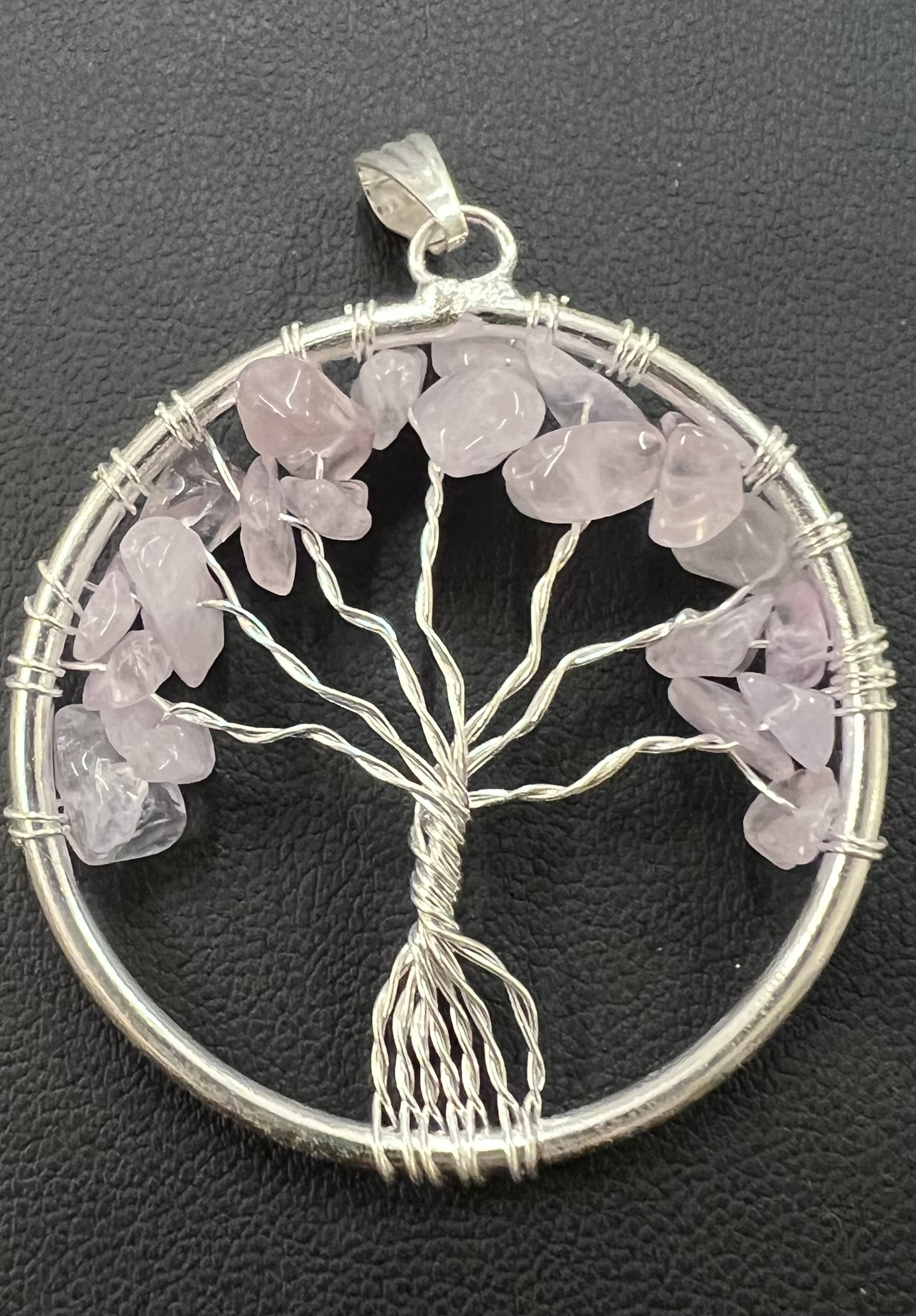 Natural Stone Tree of Life Pendant in Silver - 1.5 inches - Rose Quartz